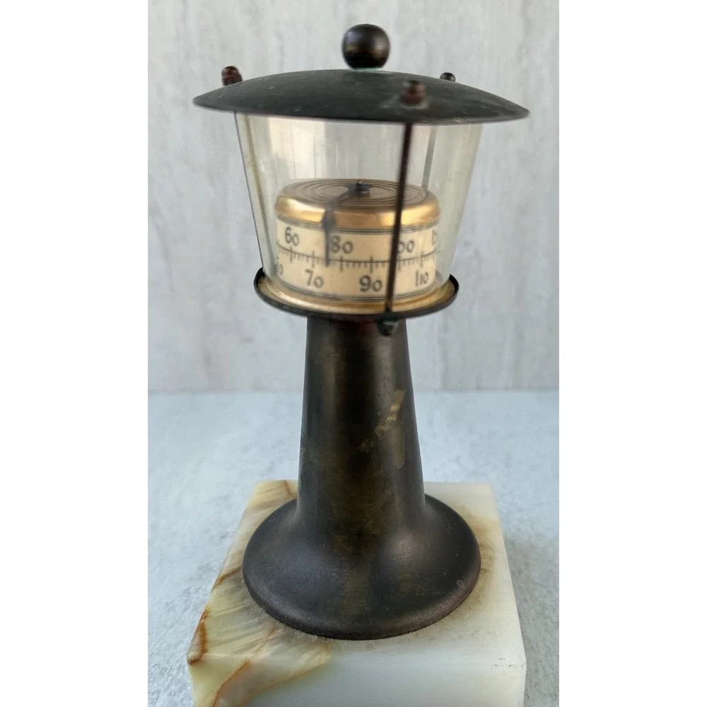 1920's  Renil Brass Lighthouse Desk Thermometer Brooklyn NY #7613